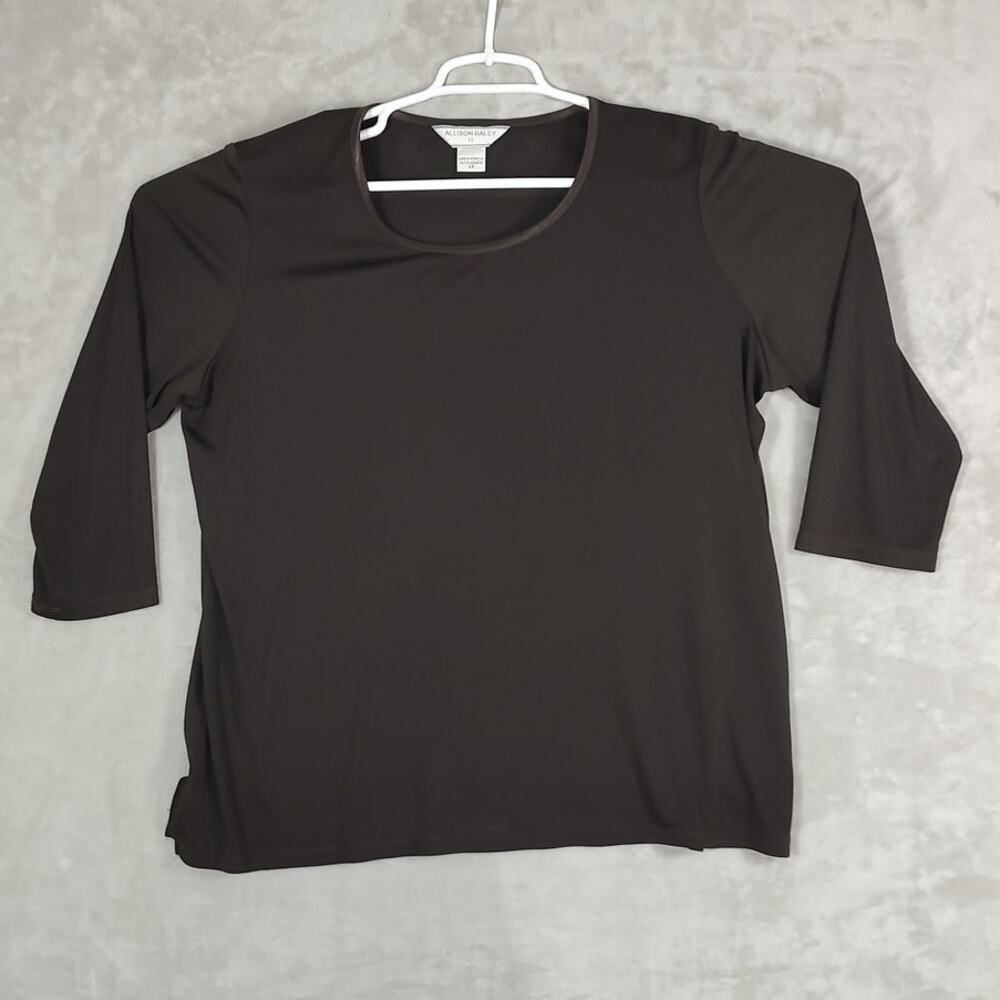 Allison Daley Brown Top 2X Plus 3/4 Sleeves Satin Trim Crew Neck Polyester Basic